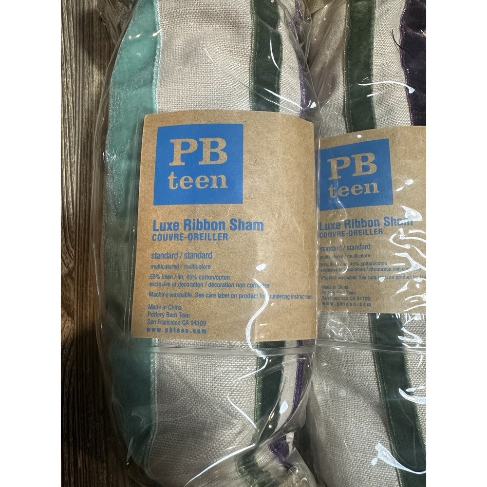 PB Teen Luxe Ribbon Pillow Shams 2 Purple‎ Green  Linen Striped Pottery Barn